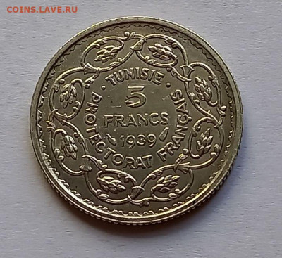 Тунис 5 франков 1939. Серебро, тираж - 1 600 000 - 4