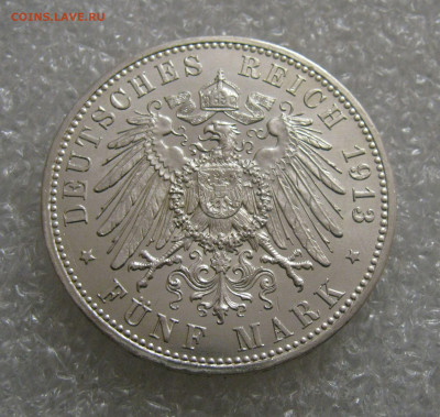 Пруссия. Император Вильгельм II. 5 МАРОК 1913 года. UNC. - 5 Мар 1913 (5).JPG