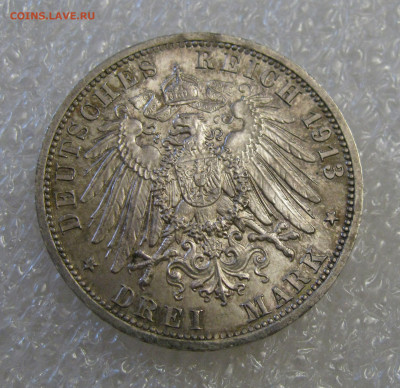Пруссия. Император Вильгельм II. 3 МАРКИ 1913 года. UNC. - 3Мр1913 (4).JPG