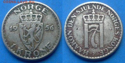 Норвегия - 1 крона 1956 года до 28.11 - Норвегия 1 крона, 1956