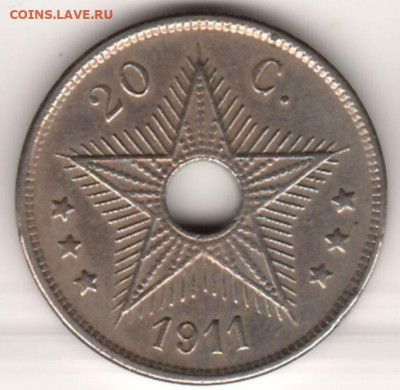 Бельгийское Конго 	20 сантимов	1911 до 06.12. - 2
