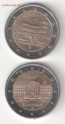 2 Евро Юбилейные: 2017 Пфальц,2019 Бундесрат Германия ФИКС - 2Еurо 2017D Пфальц,2019D Бундестрат A