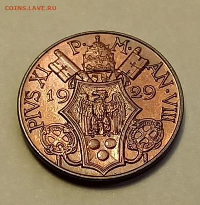 Ватикан 5 чентезимо 1929. РЕДКАЯ! UNC. Тираж - 10 000 шт. - 8