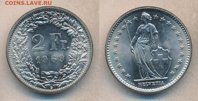 2 франка 1969 ШВЕЙЦАРИЯ AU до 12.03.22 22:00 (в коллекцию) - 3699+