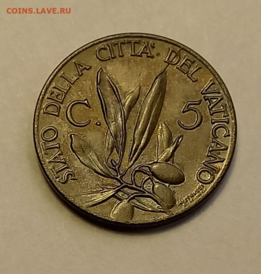 Ватикан 5 чентезимо 1940. UNC. Тираж - 57 000 шт. - 1