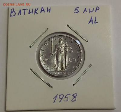 Ватикан 5 лир 1958. UNC. Тираж - 30 000 шт. - 3
