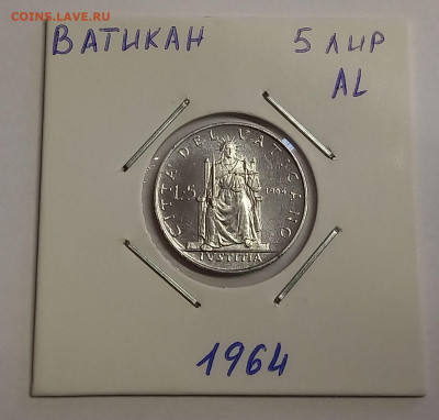 Ватикан 5 лир 1964. UNC. Тираж - 60 000 шт. - 2
