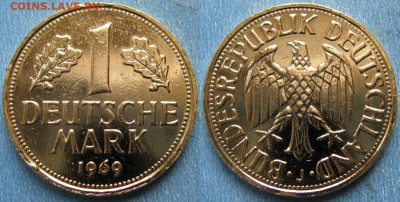 1 евроцент Германии (жёлтый) - ФРГ 1 марка 1969 J    188-к37-4098