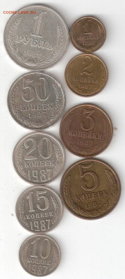 Набор погодовки СССР 1987: 1руб,50к,20к,15к,10к,5к,3к,2к,1к - 1987 Годовой НАБОР 9 монет Р