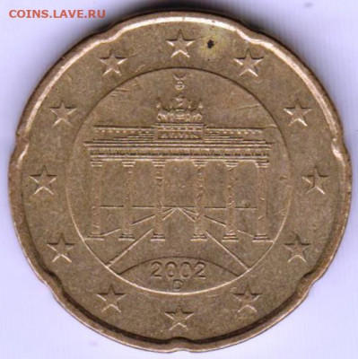 ГЕРМАНИЯ 20 евроцентов 2002 г. D до 08.06.22 г. в 23.00 - 002
