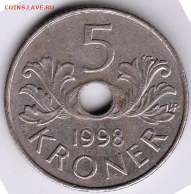 НОРВЕГИЯ 5 крон 1998 г. до 11.06.22 г. в 23.00 - 027