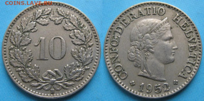 Швейцария 10 раппен 1952 до 20-06-22 в 22:00 - Швейцария 10 раппен 1952     8156