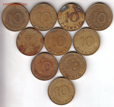 ФРГ 10 пфеннигов 10 шт. до 24.06.22 г. в 23.00 - 023
