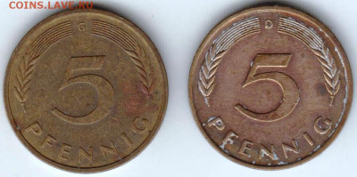ФРГ 5 пфеннигов 1984 г.G, 1989 г. D до 27.06.22 г. в 23.00 - 040