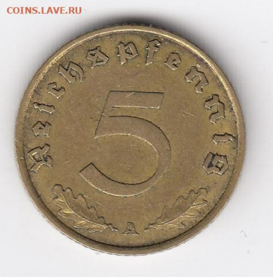 Германия, 5 рейхспфеннигов 1938 А до 26.06.22, 23:00 - #И-986