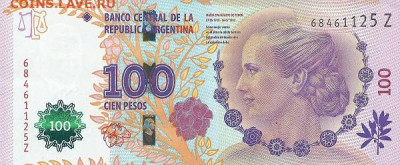 Аргентина 100 песо 2012 г., 60 лет со смерти Эвиты Перон UNC - Аргентина 100 песо 2012 А