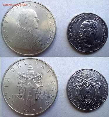 Ватикан. 500 лир 1963 и 20 чентезимо 1939 - 1