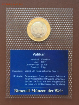 биметалл Ватикан 1000 лир 1997 Папа Римский Иоанн Павел 2 - bimetall_vatikan_1000_lir_1997_papa_rimskij_ioann_pavel_2_unc_blister_v_zapajke (1)
