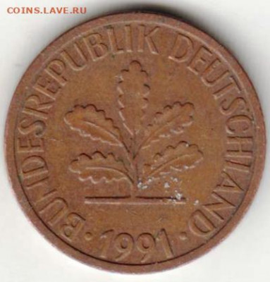 Германия 1 пфенниг 1991 г. G до 27.08.22 г. в 23.00 - 030