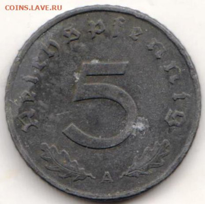 ГЕРМАНИЯ 5 пфеннигов 1940 г. А до 08.09.22 г. в 23.00 - 043