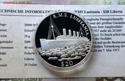 Либерия 20дол.2000г.Корабль Lusitania.Пруф.Сертификат.08.09 - 42