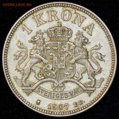 Швеция 2 кроны 1907 на оценку - Sweden 1 krona 1907 (01) (r) - 3770 rub