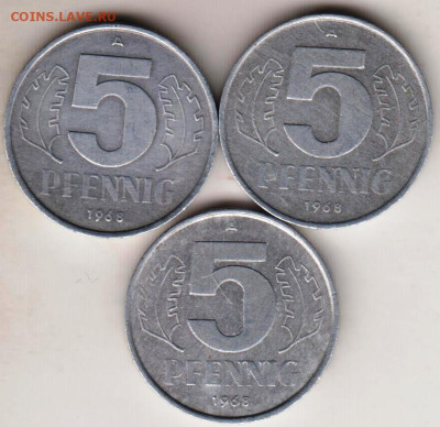 ГДР 5 пфеннигов 1968 г. 3 шт. до 25.09.22 г. в 23.00 - 040