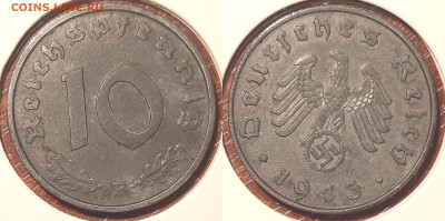 Германия - Третий рейх 10 рейхспфеннигов, 1943 В до 26го - 10pf1943v