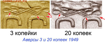 Монета 3 копейки СССР 1949 года штемпель аверса от 20 копеек - 3 копейки 1949 и 20 - сравнение