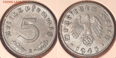 Германия - Третий рейх 5 рейхспфеннигов, 1943 Е до 26го - 5pf1943e