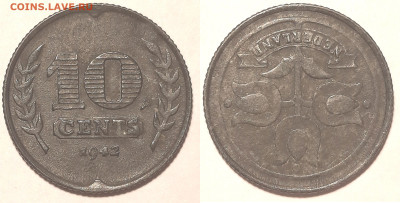 Нидерланды 10 центов, 1942 до 29го - Ned10c1942