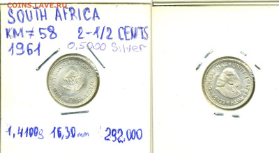 ЮАР 2½ цента, 1961 UNC до 3го - UAR2_5p1961