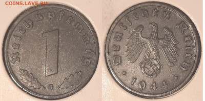 Германия - Третий рейх 1 рейхспфенниг, 1944 G до 3го - ger1pf1944g