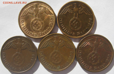 Германия 3 рейх 2 пфеннига 1937 A,1938 A,E,G, 1939 A (5 шт.) - IMG_2901.JPG