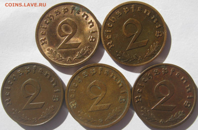 Германия 3 рейх 2 пфеннига 1937 A,1938 A,E,G, 1939 A (5 шт.) - IMG_2900.JPG