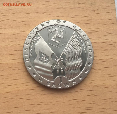 Крона Шайба Остров Мэн 1 крона 1992 ЖД путешествие Открытие - krona_shajba_ostrov_men_1_krona_1992_zhd_puteshestvie_otkrytie_ameriki_flagi_zheleznaja_doroga