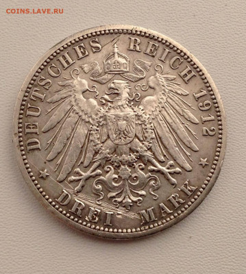 Пруссия 3 марки Вильгельм 2 1912г. до 25.10 22.00 - ДОЙЧЛЕНД РЕВЕРС