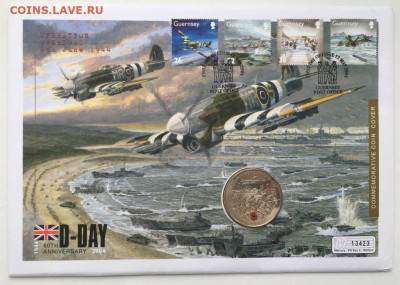 Крона Шайба Гернси 5 фунтов 2004 60 лет Высадка в Нормандии - krona_shajba_gernsi_5_funtov_2004_60_let_vysadka_v_normandii_korabl_aviacija_flot_kpd_konvert_marki