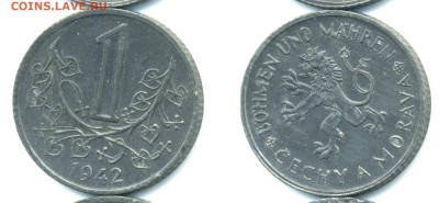 Богемия и Моравия 1 крона, 1942 до 14.11 - Morav1kr1942
