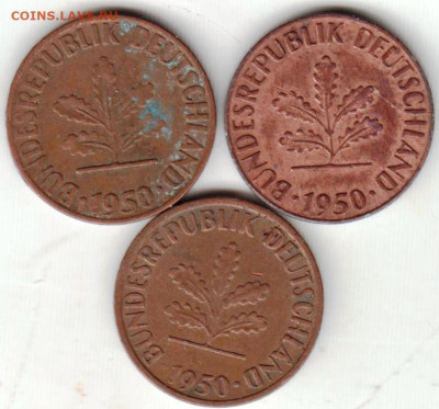 ФРГ 1 пфенниг 1950 г. D, J, F до 18.11.22 г. в 23.00 - 036