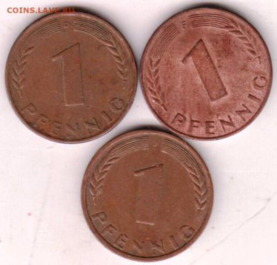 ФРГ 1 пфенниг 1950 г. D, J, F до 18.11.22 г. в 23.00 - 076