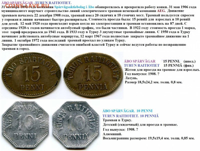 15 пенни. город Турку. Жетон на трамвай. Финляндия с 1908г. - 1