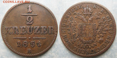 2 крейцера 1851 В до 03-12-22 в 22:00 - Австрия пол крейцера 1851 В    196-ак16-4278