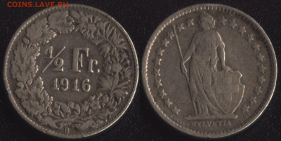2 франка 1916 до 22:00мск 14.12.22 - Швейцария 1-2 франка 1916
