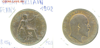 Великобритания 1 пенни, 1908 с рубля до 14.12 - Brit1p1902
