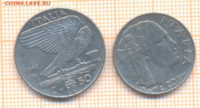 Италия 50 и 20 чентезимо 1941 г., до 19.01.2023 г. в 22.00 п - Италия 40