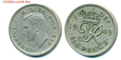 Великобритания 6 пенсов, 1949 с рубля до 17.01 - 6p1949