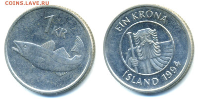Исландия 1 крона, 1994 с рубля до 23.01 - Isl1kr1987