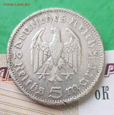 5 рейхсмарок 1935 г Гинденбург Германия  22:00 по МСК 22.02. - 5 марок 1935 Гинденбург имп А