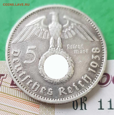 5 рейхсмарок 1938  Гинденбург III рейх 22:00 по МСК 22.02.23 - 5 марок 1938 Гинденбург паук А